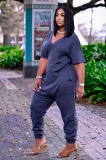 Plus Size Solid V Neck Short Sleeve  Loose Jumpsuits BDF-8059