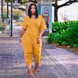 Plus Size Solid V Neck Short Sleeve  Loose Jumpsuits BDF-8059