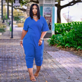 Plus Size Solid V Neck Short Sleeve  Loose Jumpsuits BDF-8059