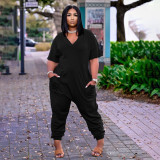 Plus Size Solid V Neck Short Sleeve  Loose Jumpsuits BDF-8059