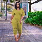 Plus Size Solid V Neck Short Sleeve  Loose Jumpsuits BDF-8059