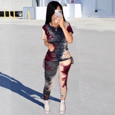 Tie Dye Print Short Sleeve Two Piece Sets MDF-5222