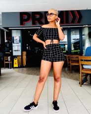 Plaid Slash Neck Crop Top And Shorts 2 Piece Sets MAE-2078
