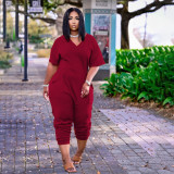 Plus Size Solid V Neck Short Sleeve  Loose Jumpsuits BDF-8059