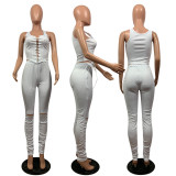 Solid Lace Up Tank Top Stacked Pants 2 Piece Sets OY-6260