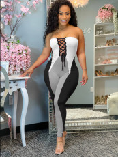 Fashion Splice Tube Top Tie Up Jumpsuits HM-6505