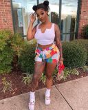 Fashion Vest And Patchwork Print Shorts Two Piece Sets NM-8344