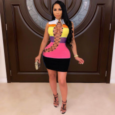 Fashion Splice Sexy Hollow Tie Up Mini Dress MDF-5220