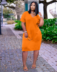 Plus Size Loose Solid Color V-neck Casual Pockets Midi Dress TK-6153