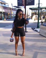 Fashion Casual Spring And Summer Mesh Sleeve  Two Piece Sets BS-1258