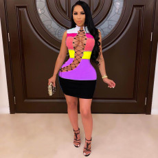 Fashion Splice Sexy Hollow Tie Up Mini Dress MDF-5220