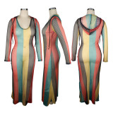 Colorful Striped Gird Hollow Out Long Club Dress TE-4224