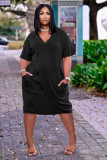 Plus Size Loose Solid Color V-neck Casual Pockets Midi Dress TK-6153