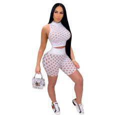 Sexy Hollow See Through Slim Sleeveless Tank Top And Shorts  Two Piece Sets TK-6156