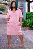 Plus Size Loose Solid Color V-neck Casual Pockets Midi Dress TK-6153