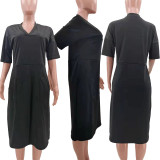 Plus Size Loose Solid Color V-neck Casual Pockets Midi Dress TK-6153