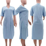 Plus Size Loose Solid Color V-neck Casual Pockets Midi Dress TK-6153