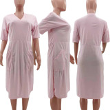 Plus Size Loose Solid Color V-neck Casual Pockets Midi Dress TK-6153