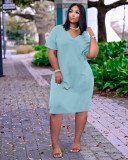Plus Size Loose Solid Color V-neck Casual Pockets Midi Dress TK-6153