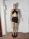 Solid Halter Crop Top Mini Skirt Two Piece Sets LUO-3156