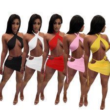 Solid Halter Crop Top Mini Skirt Two Piece Sets LUO-3156