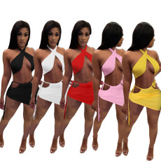 Solid Halter Crop Top Mini Skirt Two Piece Sets LUO-3156