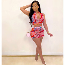 Plus Size Letter Sleeveless Top Shorts 2 Piece Sets LM-8226