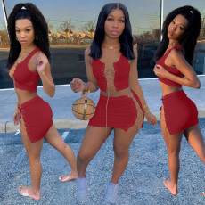 Solid Sleeveless Lace Up Mini Skirt Two Piece Sets AL-237