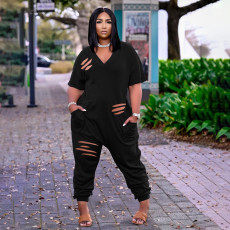 Solid V Neck Hole Loose Jumpsuits LDS-3263