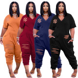 Solid V Neck Hole Loose Jumpsuits LDS-3263