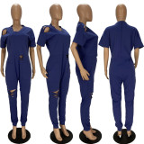 Solid V Neck Hole Loose Jumpsuits LDS-3263