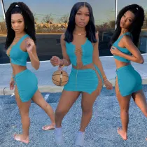 Solid Sleeveless Lace Up Mini Skirt Two Piece Sets AL-237