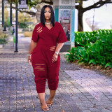 Solid V Neck Hole Loose Jumpsuits LDS-3263