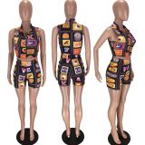 Plus Size Letter Sleeveless Top Shorts 2 Piece Sets LM-8226