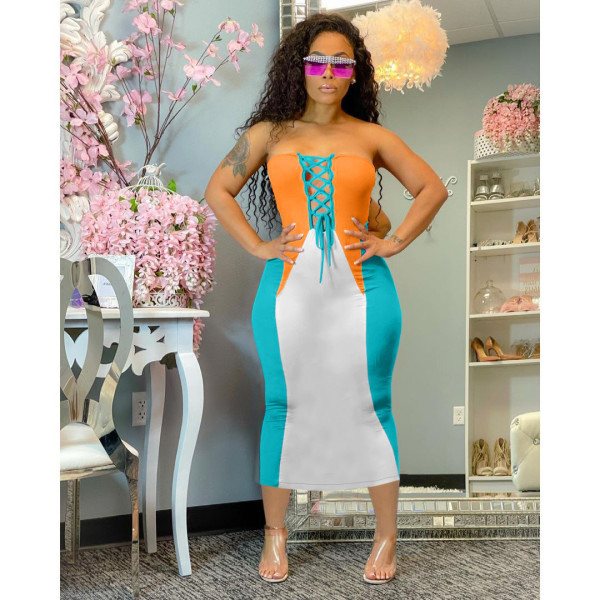 Sexy Strapless Lace Up Slim Midi Dress HM-6999