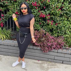Casual Solid Crop Top Midi Skirt 2 Piece Sets LP-6279