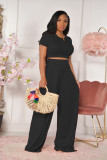 Casual Solid Color Short Sleeve Wide Leg Pants Two Piece Sets FOSF-8059