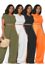 Casual Solid Color Short Sleeve Wide Leg Pants Two Piece Sets FOSF-8059