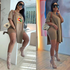 Fashion Print V-neck Short Sleeve Shorts Casual Two Piece Sets XMF-050