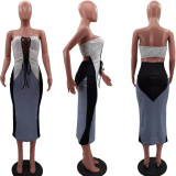 Sexy Strapless Lace Up Slim Midi Dress HM-6999