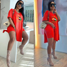 Fashion Print V-neck Short Sleeve Shorts Casual Two Piece Sets XMF-050