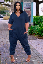 Plus Size Casual Solid V Neck Short Sleeve Jumpsuits OLYF-6041