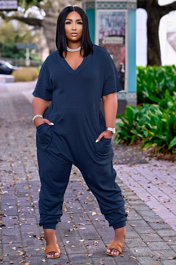 Plus Size Casual Solid V Neck Short Sleeve Jumpsuits OLYF-6041