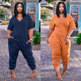Plus Size Casual Solid V Neck Short Sleeve Jumpsuits OLYF-6041