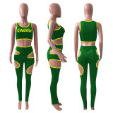 Fashion Sports Slim Letter Print Vest And Hollow Pants Two Piece Sets NIK-220