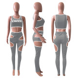 Fashion Sports Slim Letter Print Vest And Hollow Pants Two Piece Sets NIK-220
