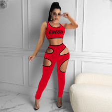 Fashion Sports Slim Letter Print Vest And Hollow Pants Two Piece Sets NIK-220