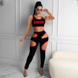 Fashion Sports Slim Letter Print Vest And Hollow Pants Two Piece Sets NIK-220