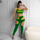 Fashion Sports Slim Letter Print Vest And Hollow Pants Two Piece Sets NIK-220