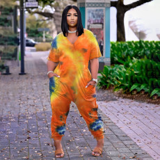 Plus Size Tie Dye Print V Neck Loose Jumpsuit BDF-8061
